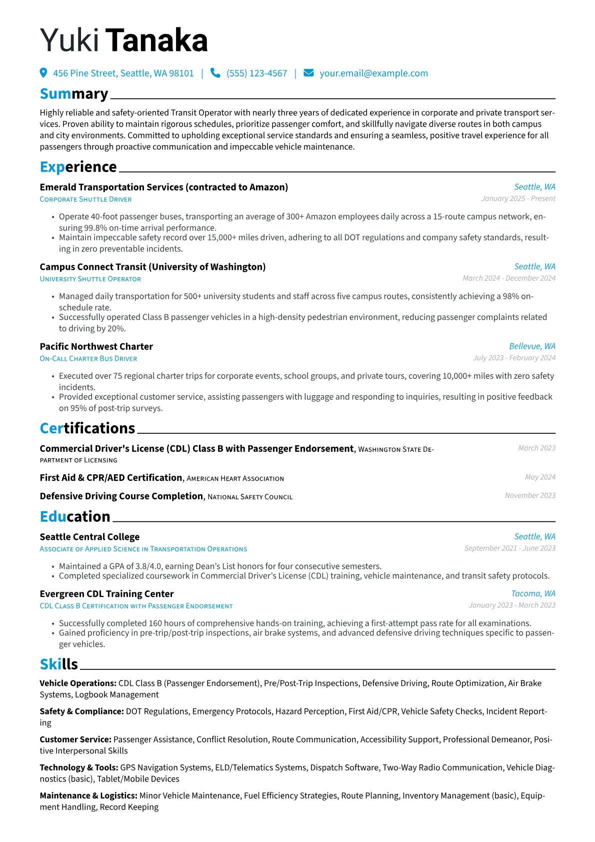 Transit Operator resume example, Corporate & Charter, page 1