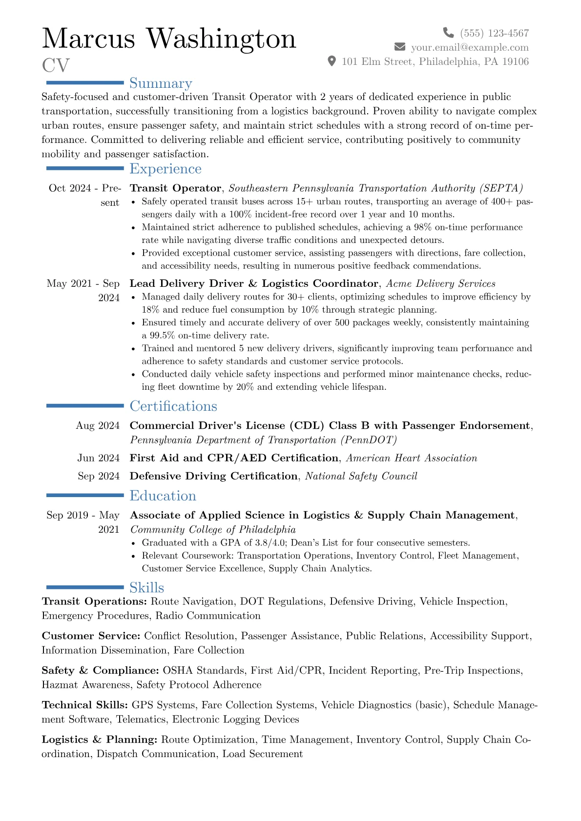 Transit Operator resume example, Career changer, page 1