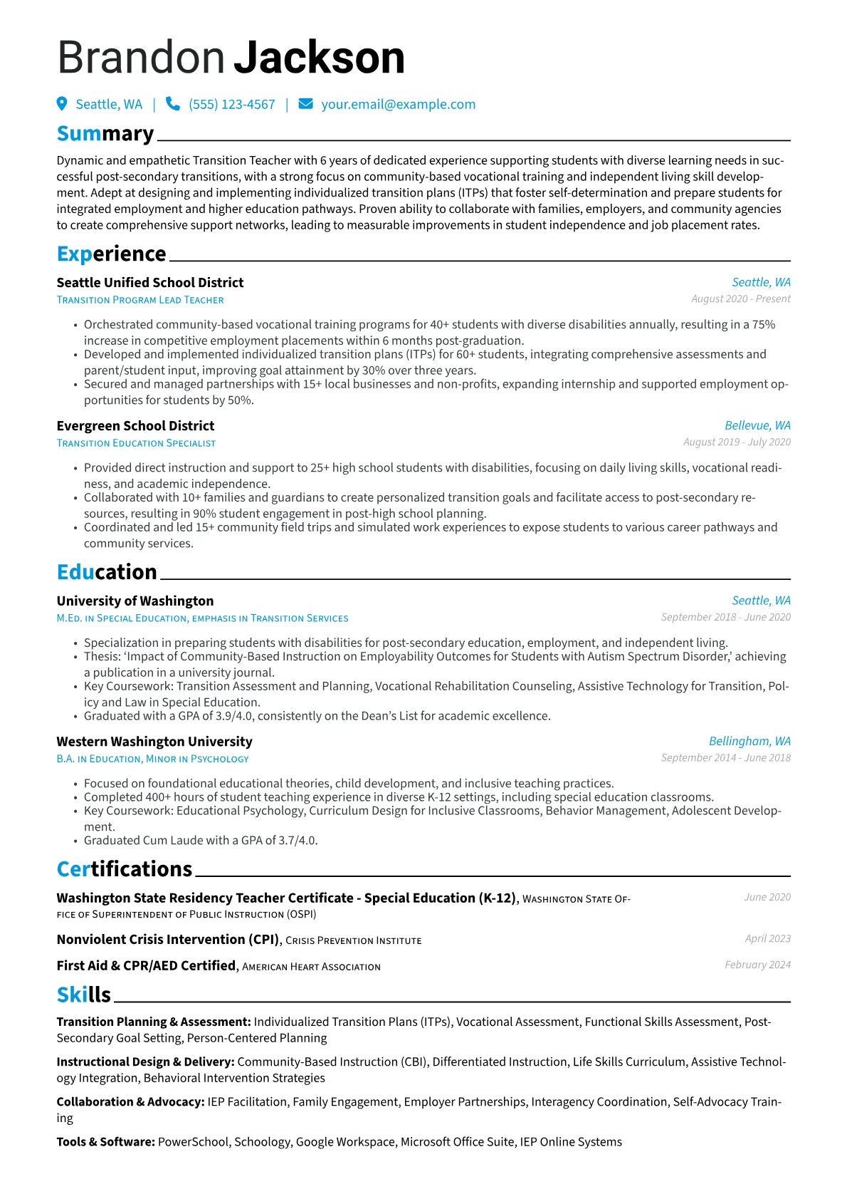 Transition Teacher resume example, Transition Teacher, page 1
