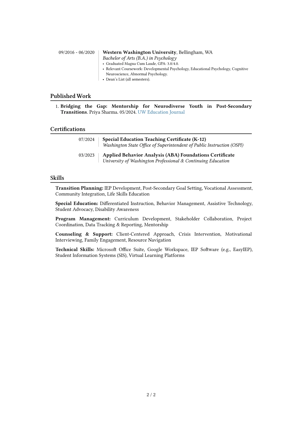 Transition Teacher resume example, Career changer, page 2
