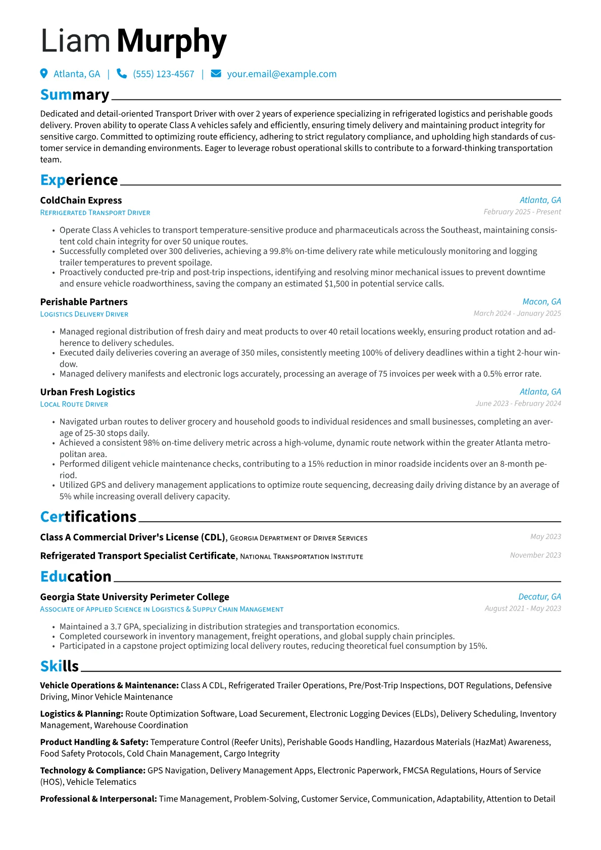 Transport Driver resume example, Vehicle Operations, page 1