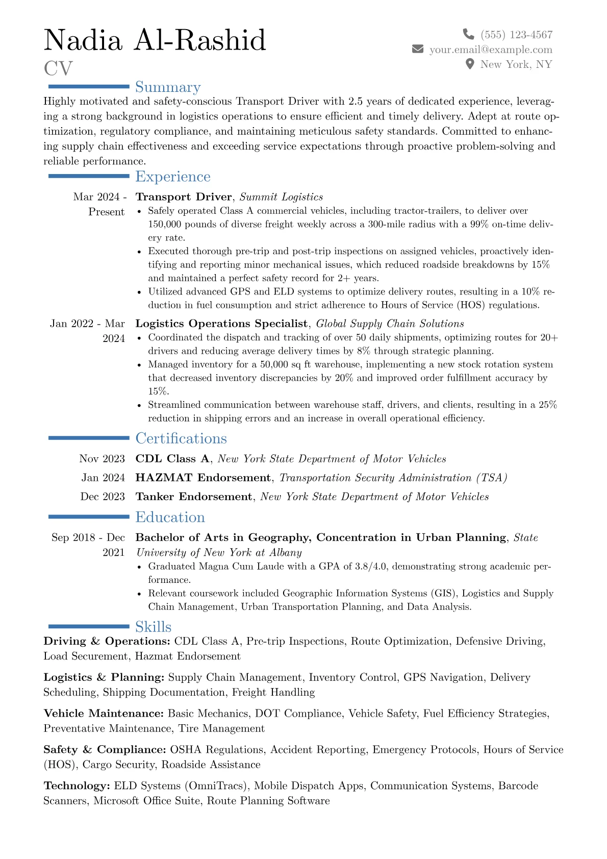 Transport Driver resume example, Career changer, page 1