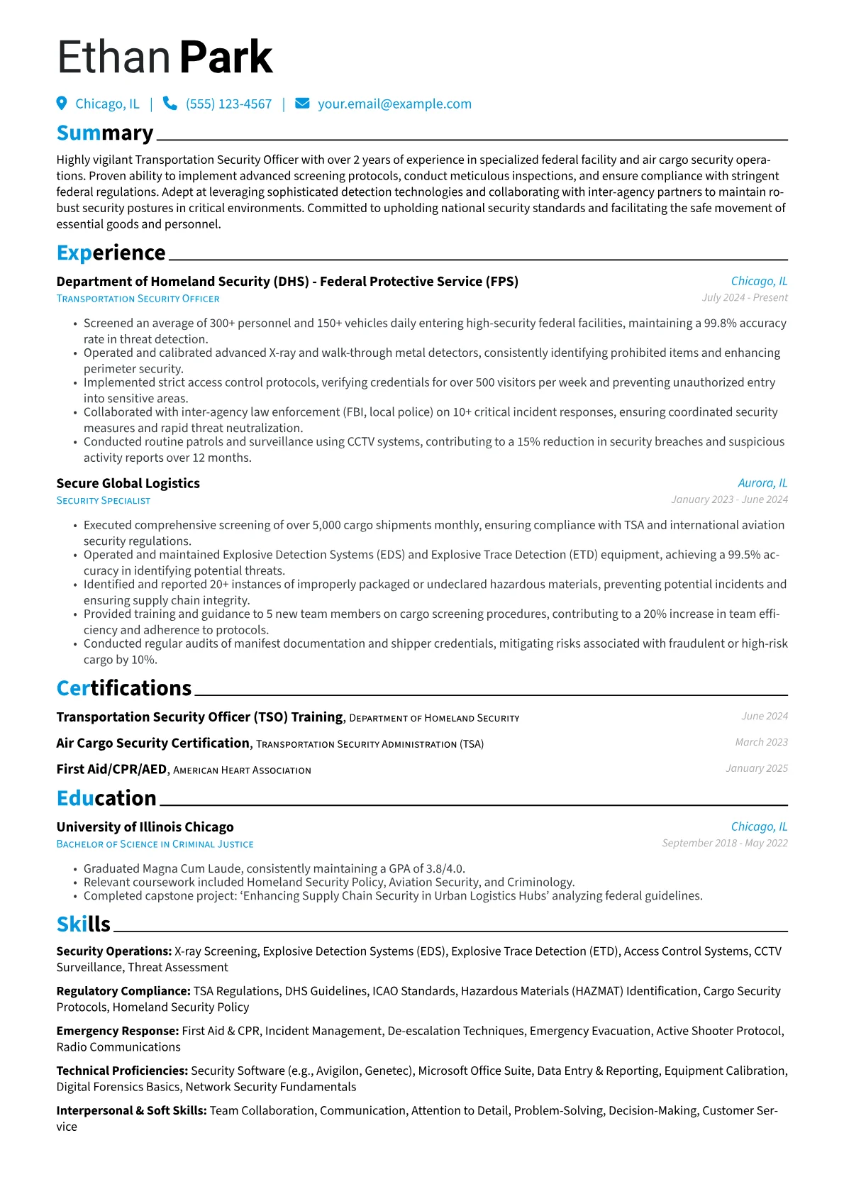 Transportation Security Officer resume example, Federal Facility & Cargo, page 1