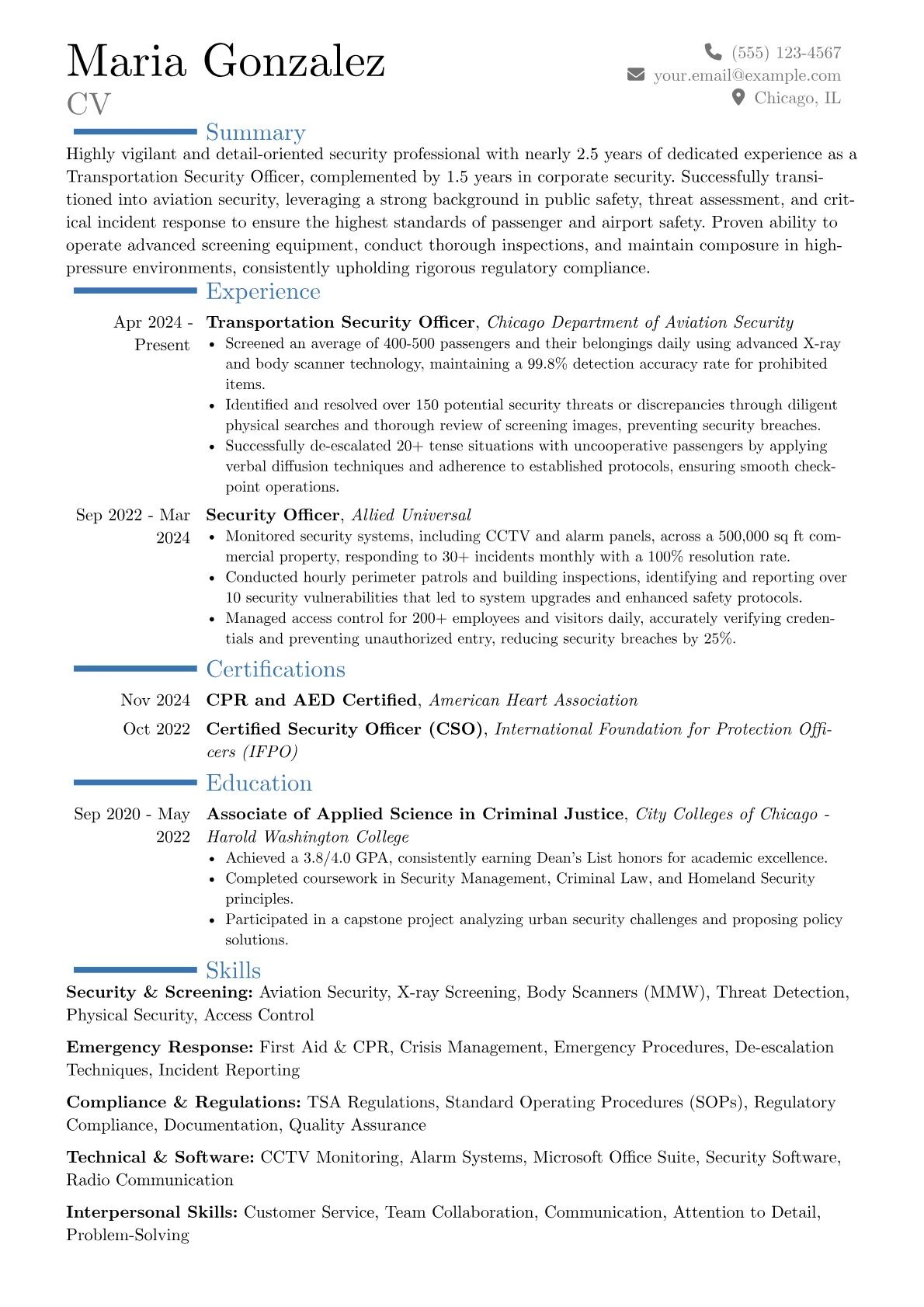 Transportation Security Officer resume example, Career changer, page 1