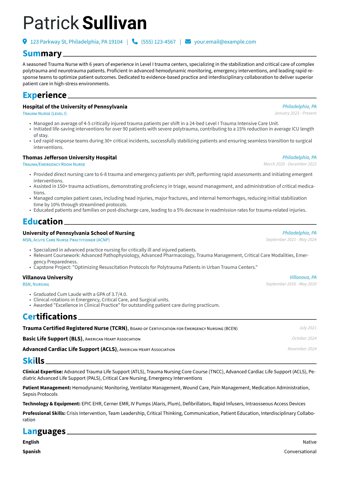 Trauma Nurse resume example, Trauma Nurse - Level I, page 1