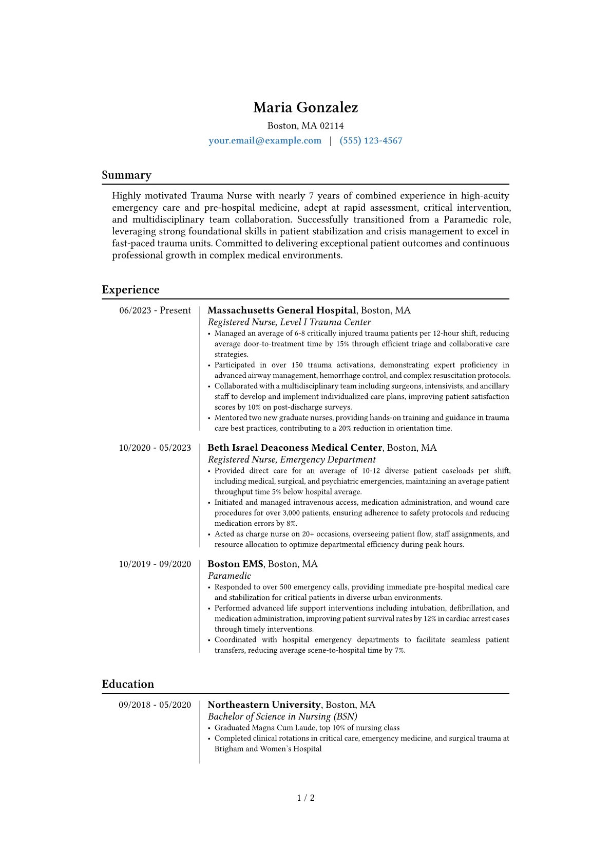Trauma Nurse resume example, Career changer, page 1