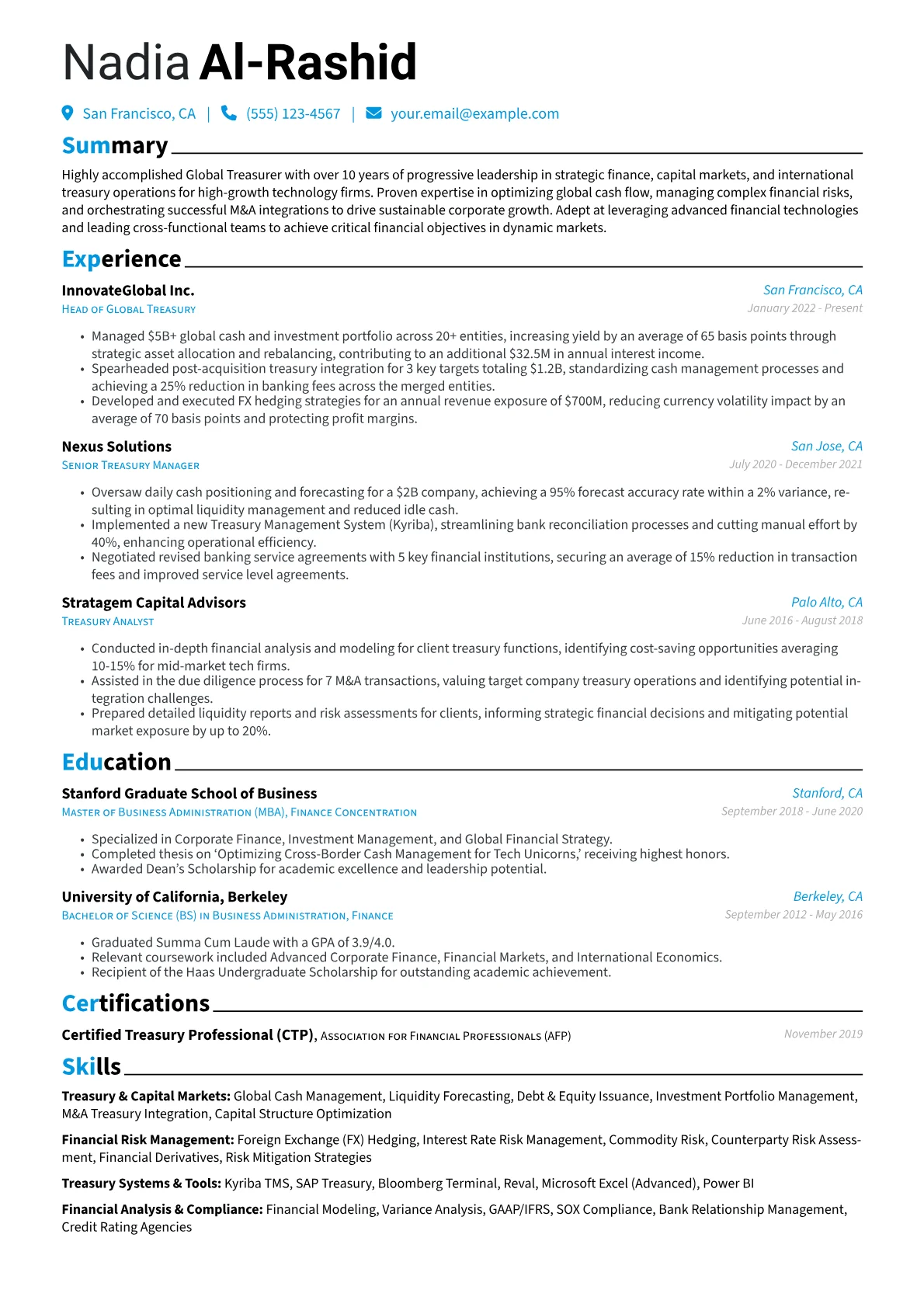 Treasurer resume example, Global Corporate Treasurer, page 1