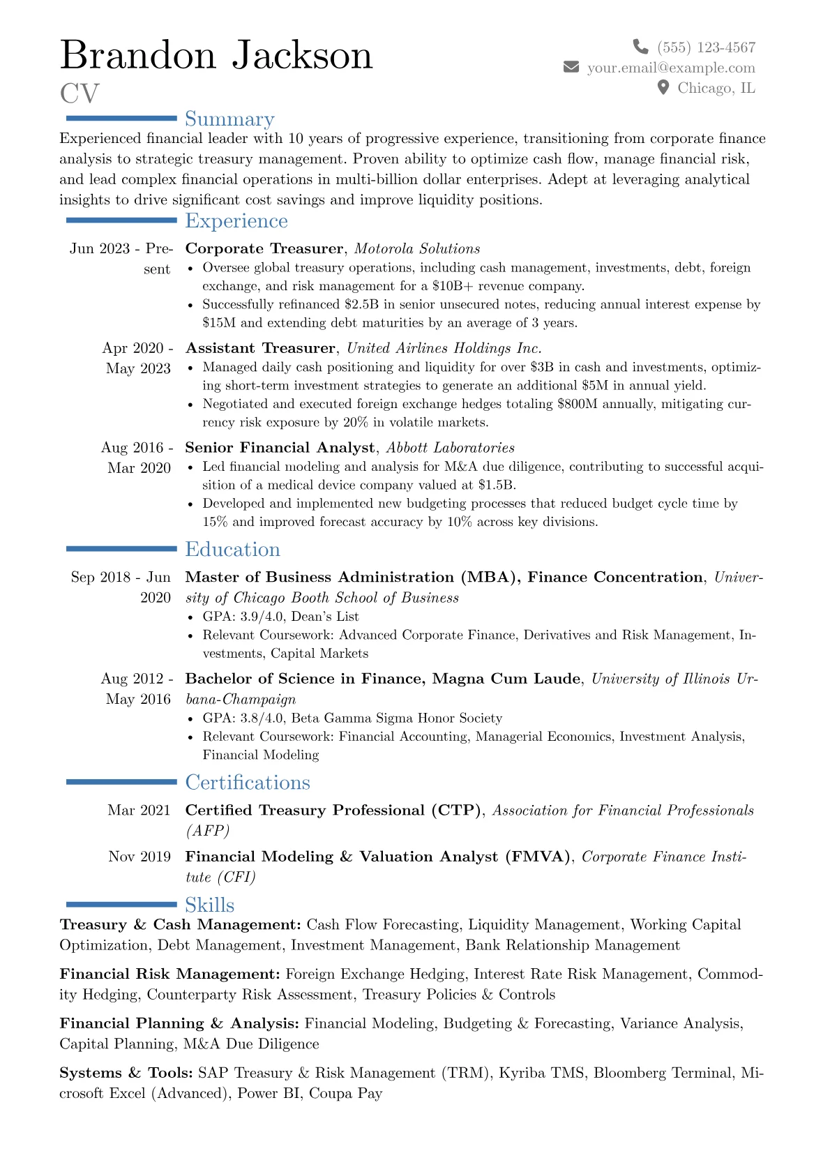 Treasurer resume example, Career changer, page 1
