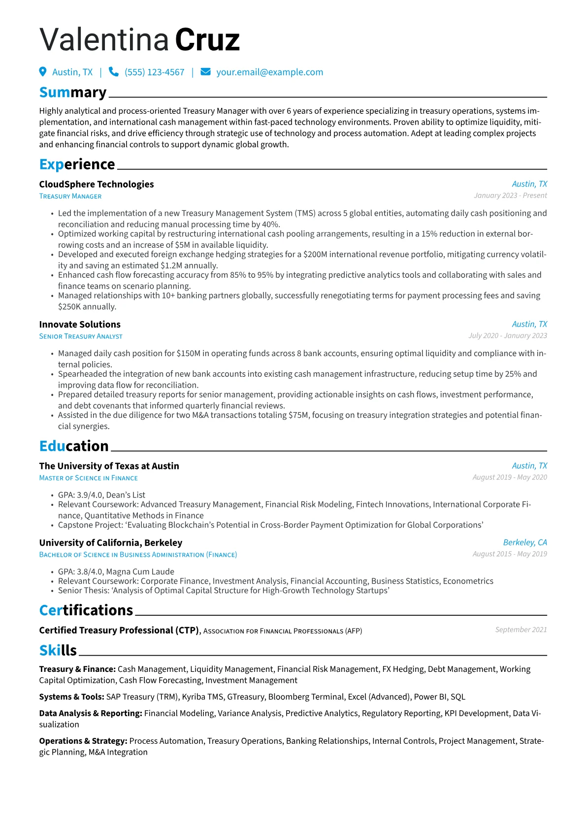 Treasury Manager resume example, Treasury Operations, page 1