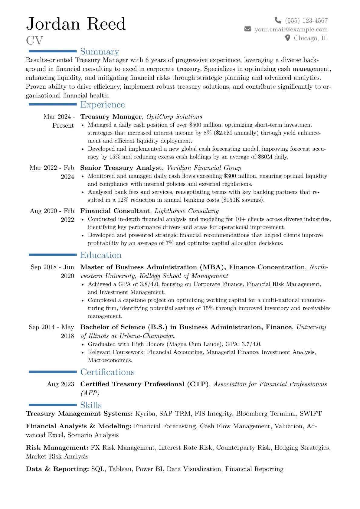 Treasury Manager resume example, Career changer, page 1