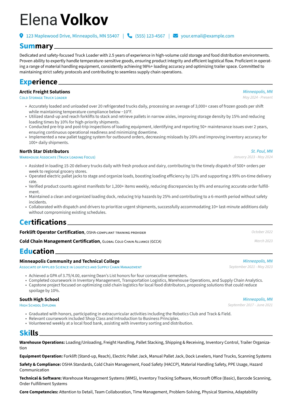 Truck Loader resume example, Truck Loader, page 1
