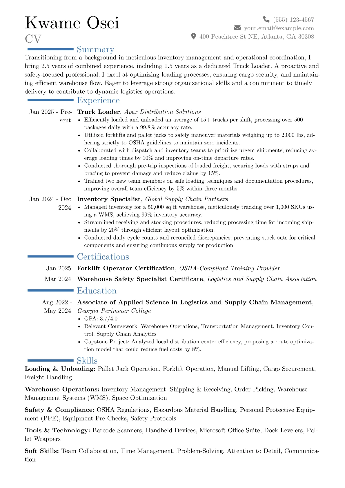 Truck Loader resume example, Career changer, page 1