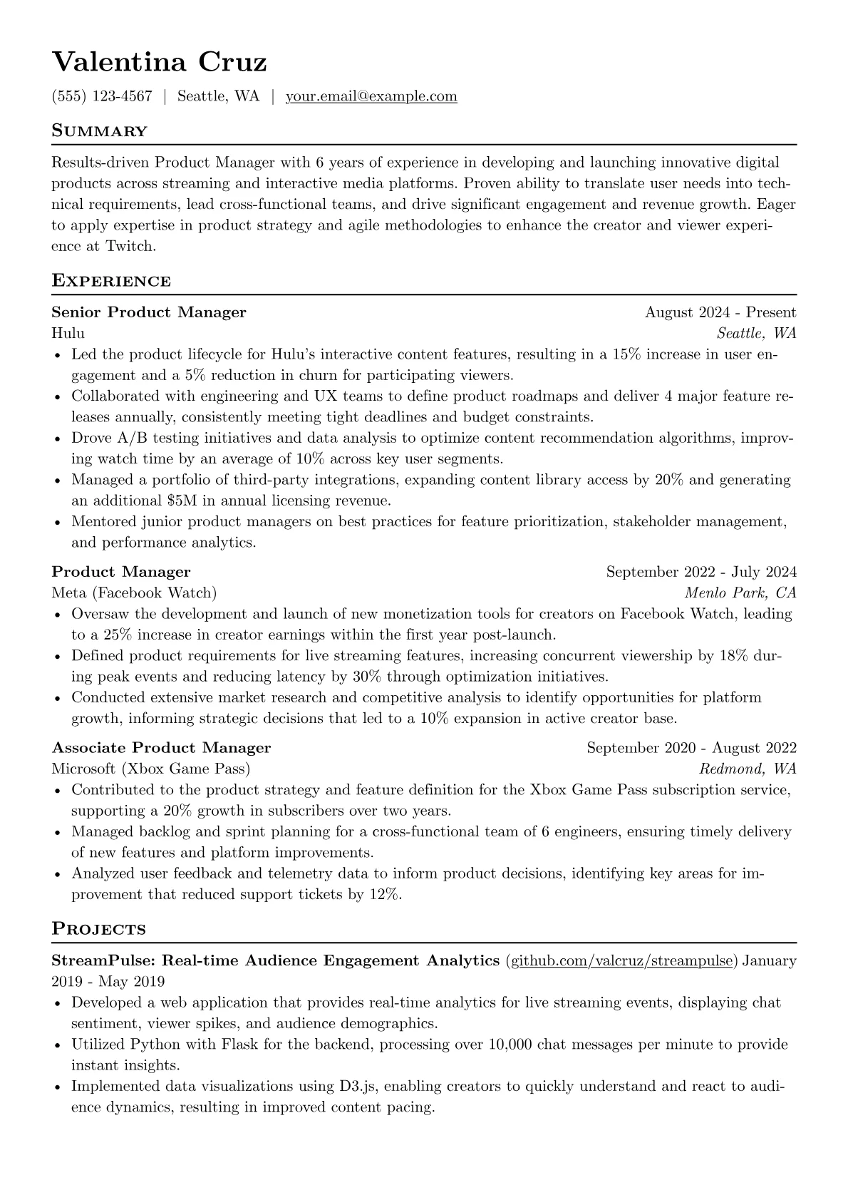 Twitch resume example, Product Manager, page 1