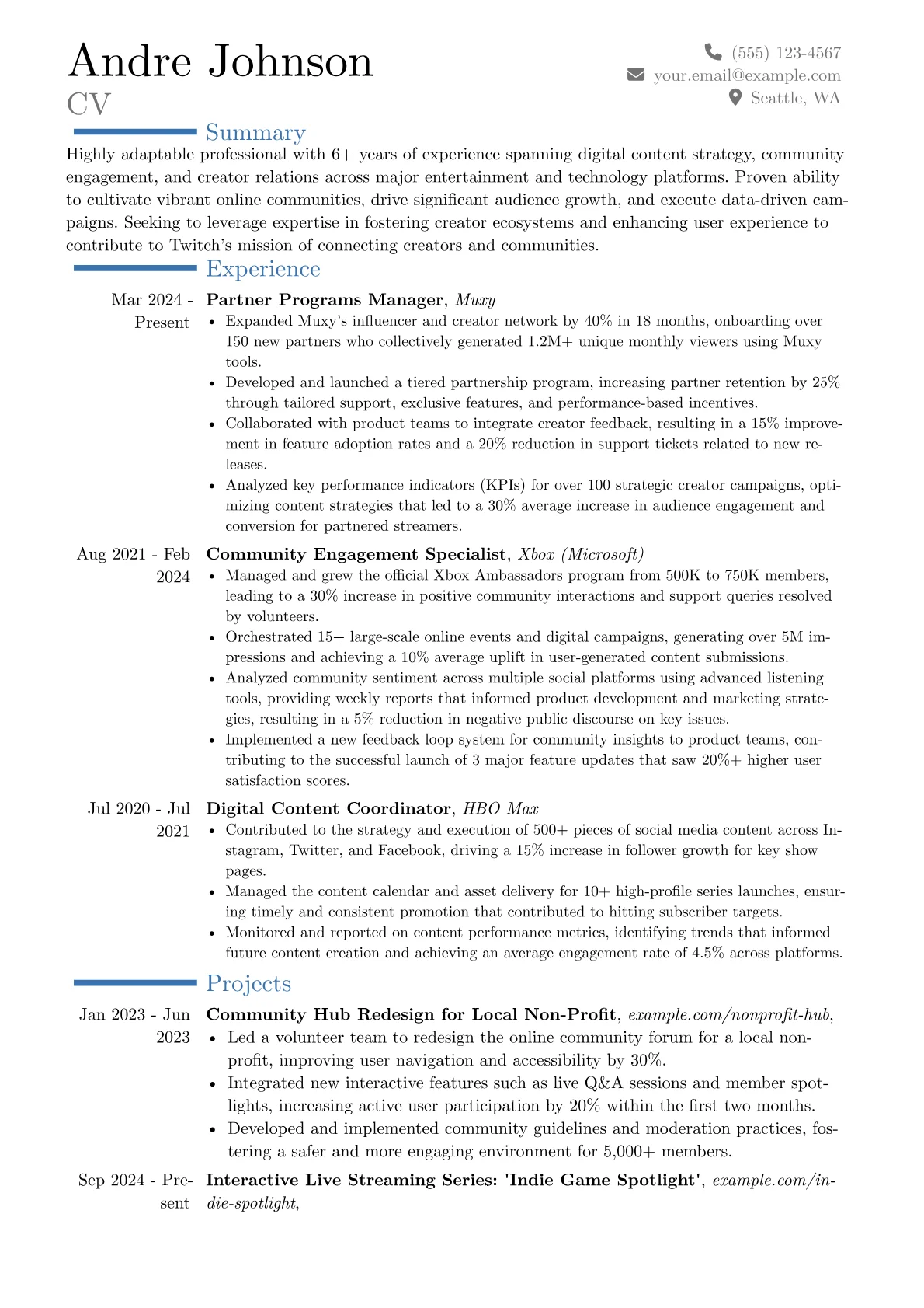 Twitch resume example, Career changer, page 1