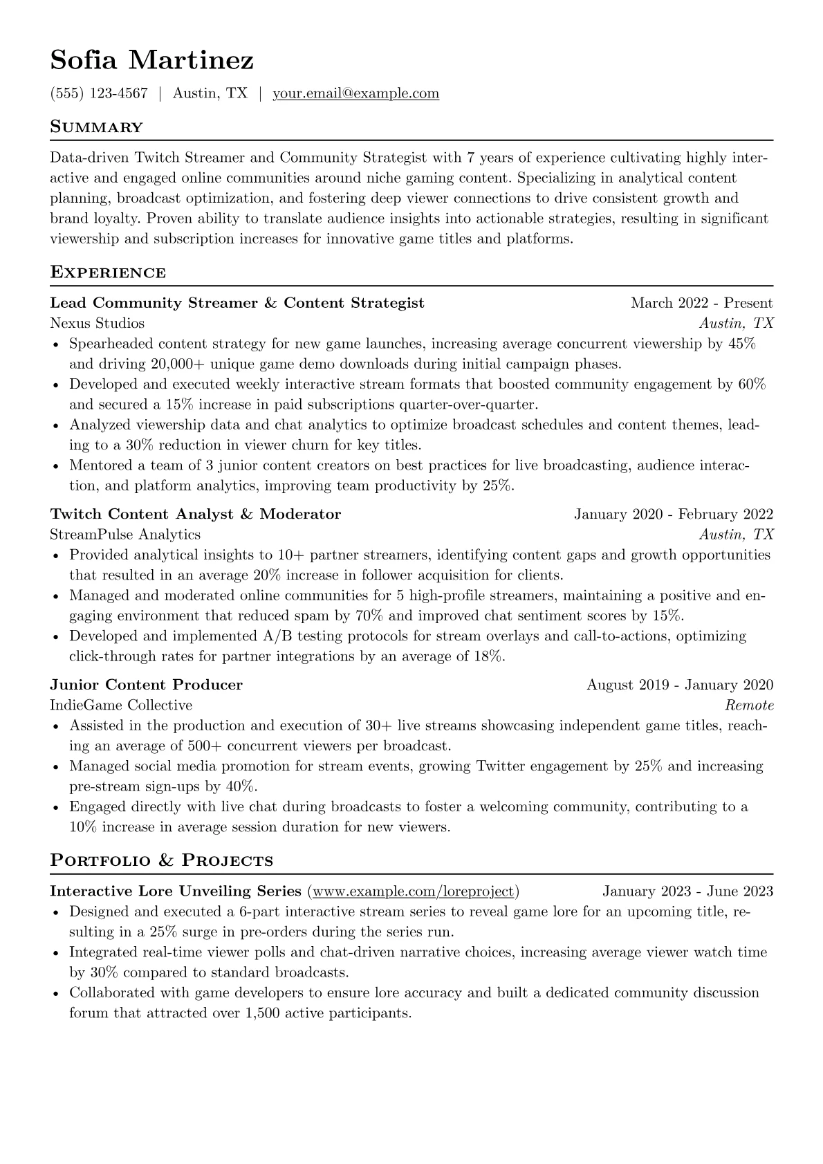 Twitch Streamer resume example, Live Streaming, page 1