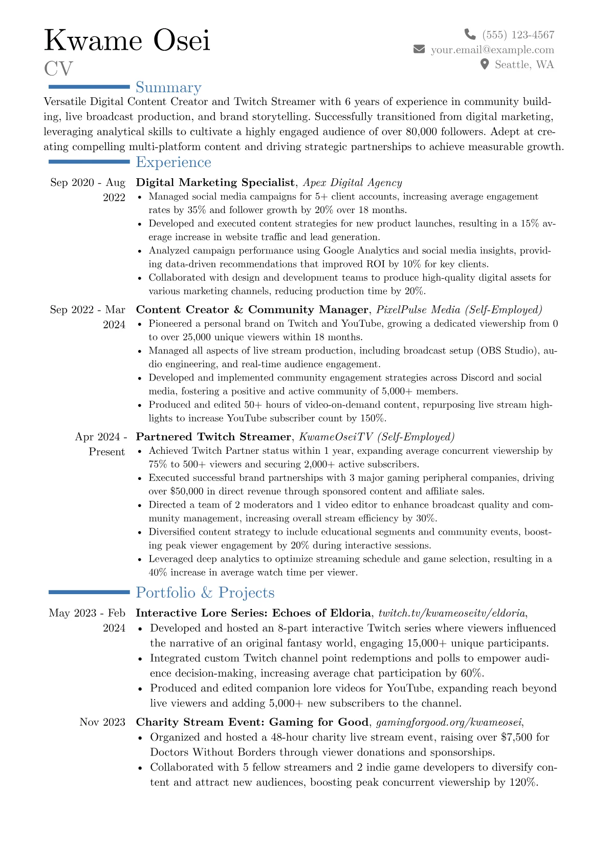 Twitch Streamer resume example, Career changer, page 1