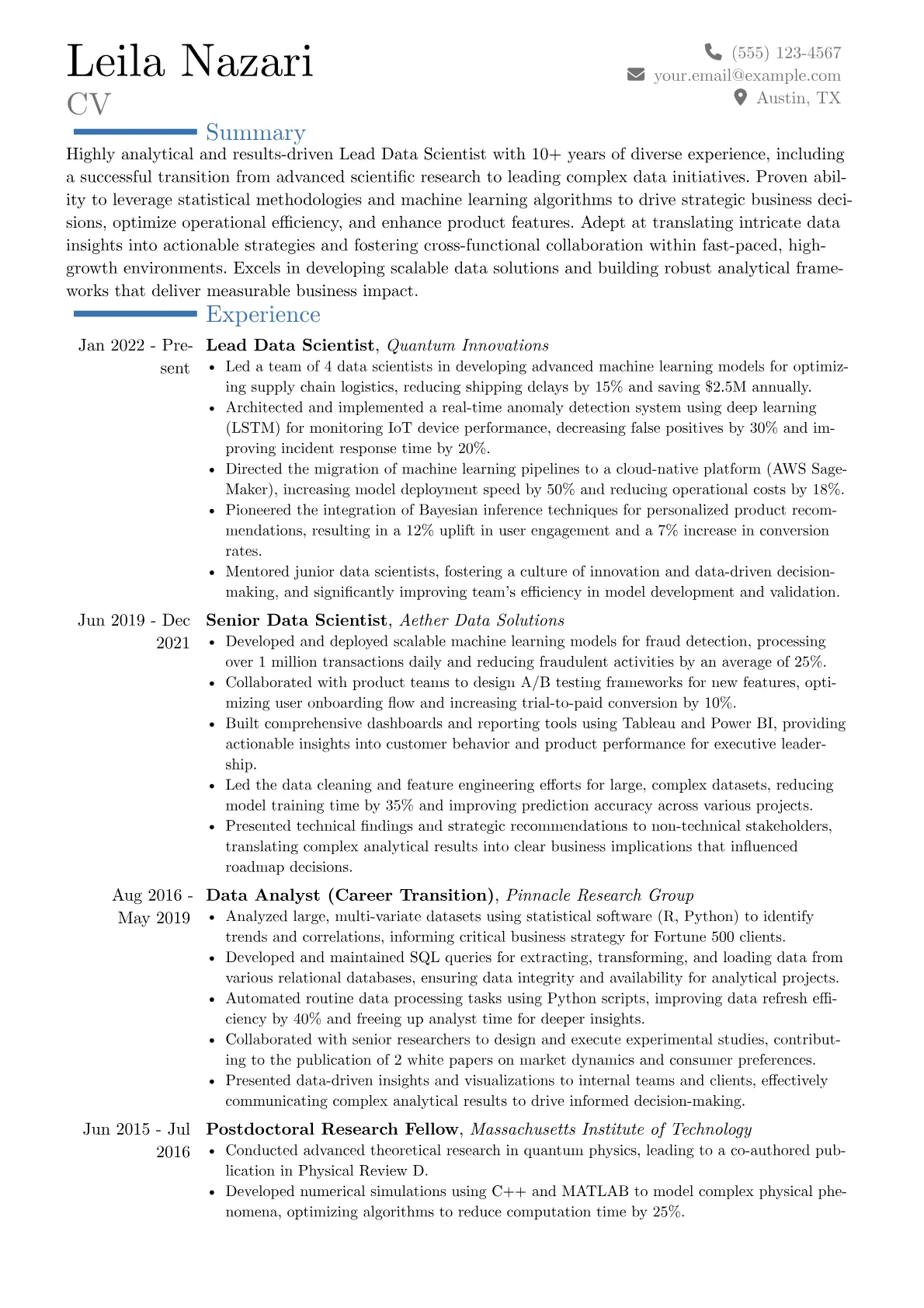 Two-Page resume example, Career changer, page 1