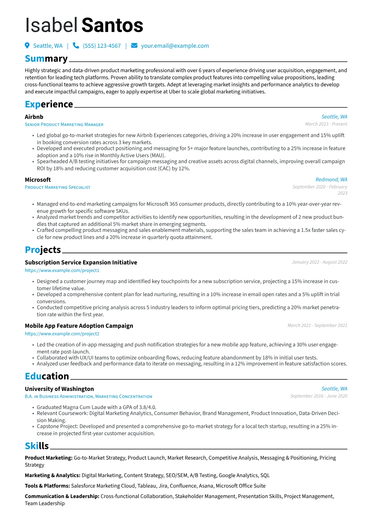 Uber resume example, Product Marketing, page 1