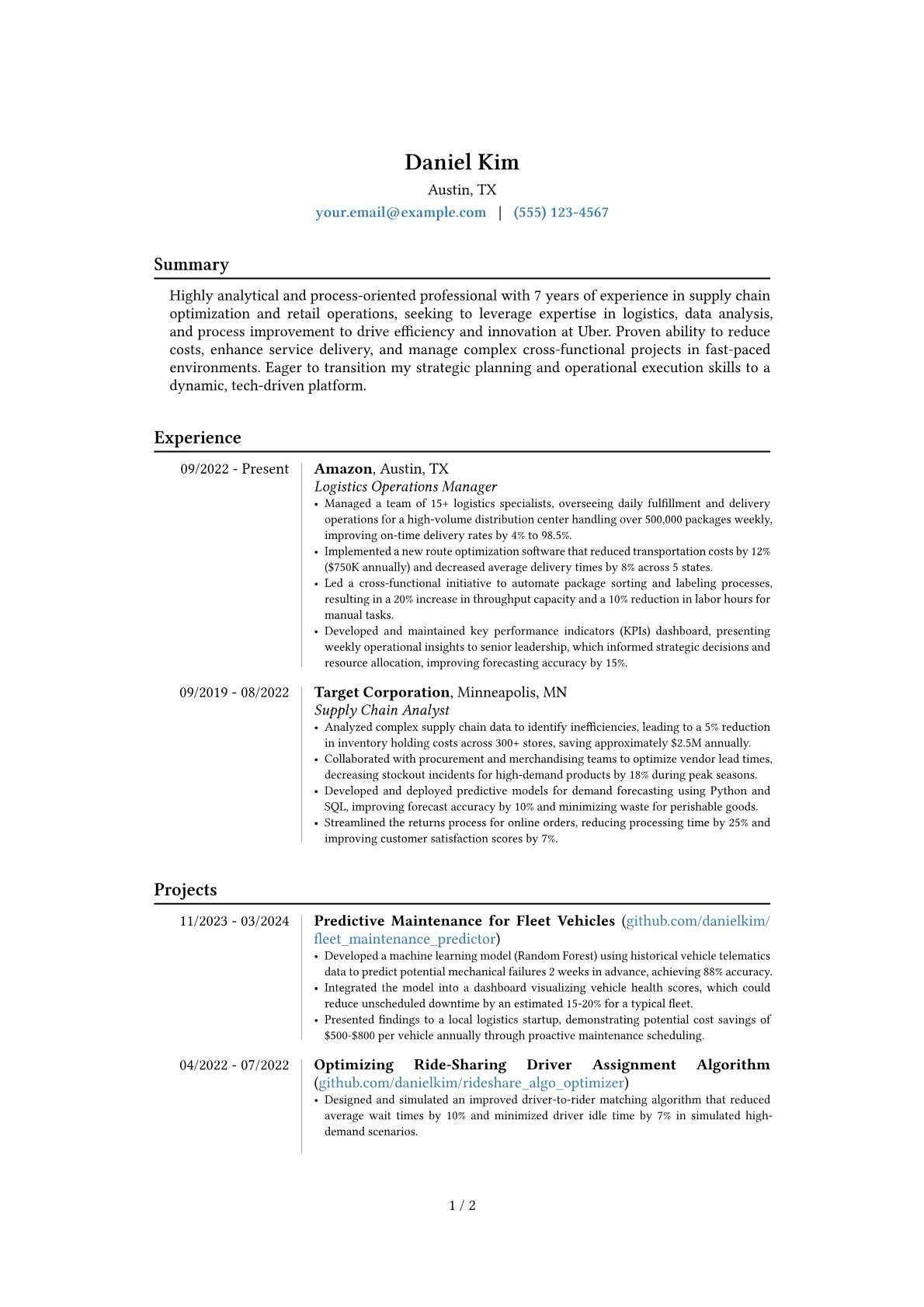 Uber resume example, Career changer, page 1
