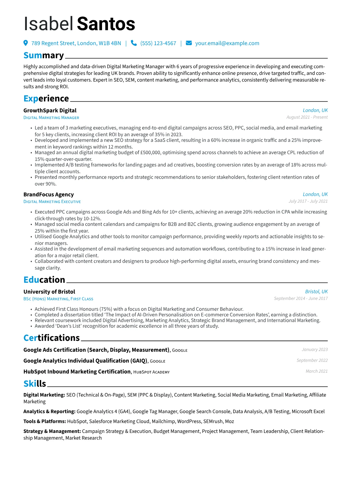 UK CV Example resume example, UK CV Example: Digital, page 1