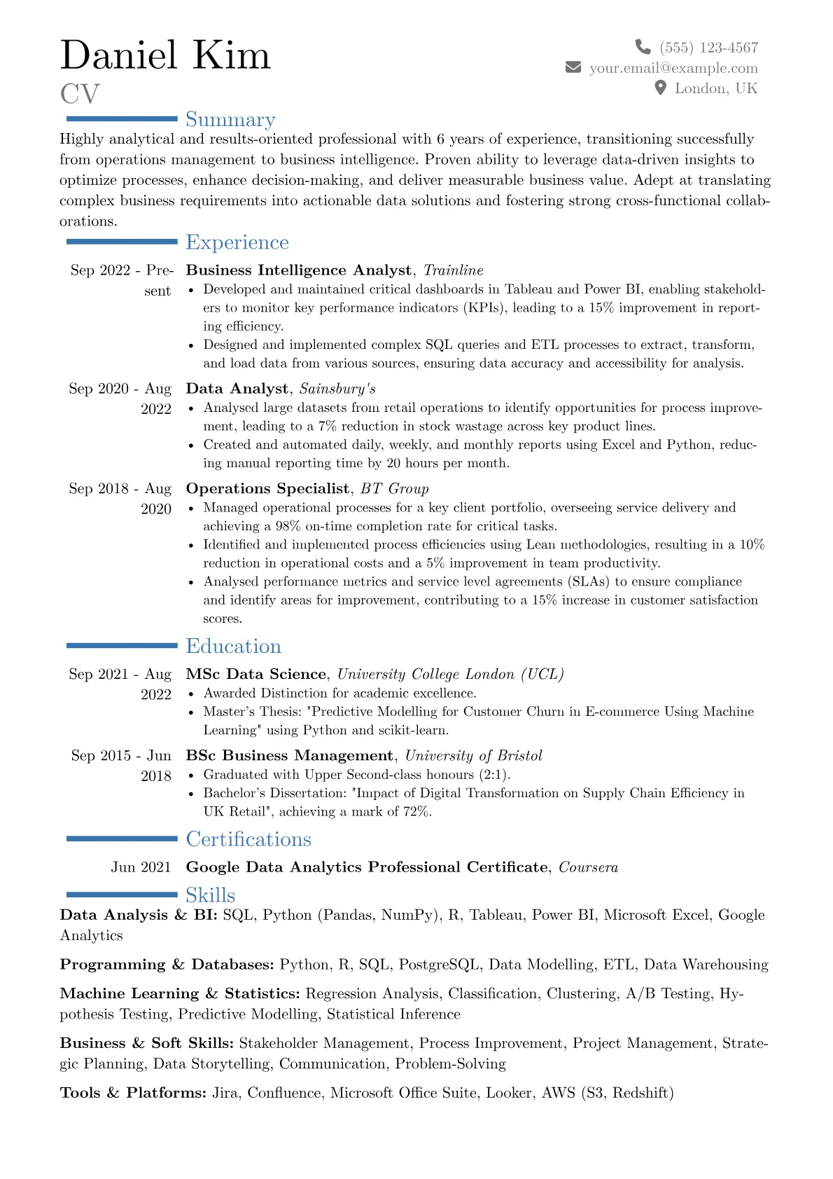 UK CV Example resume example, Career changer, page 1