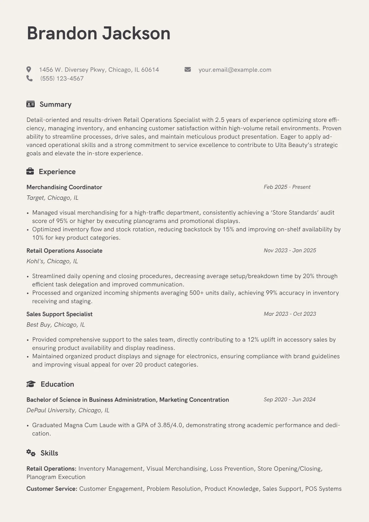 Ulta resume example, Retail Operations, page 1