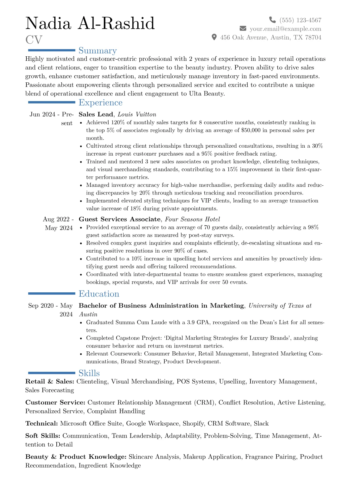 Ulta resume example, Career changer, page 1