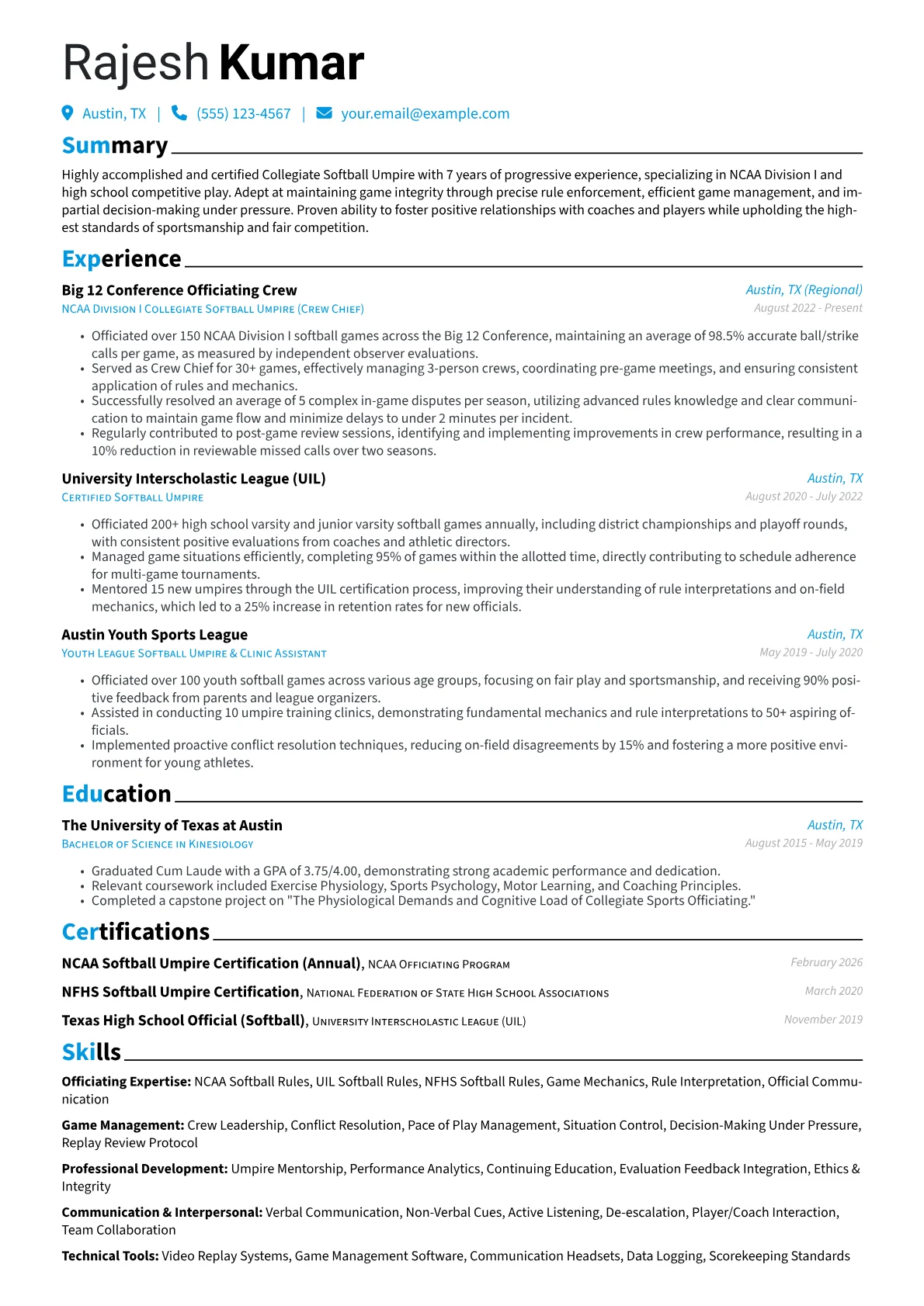Umpire resume example, Collegiate Softball Umpire, page 1