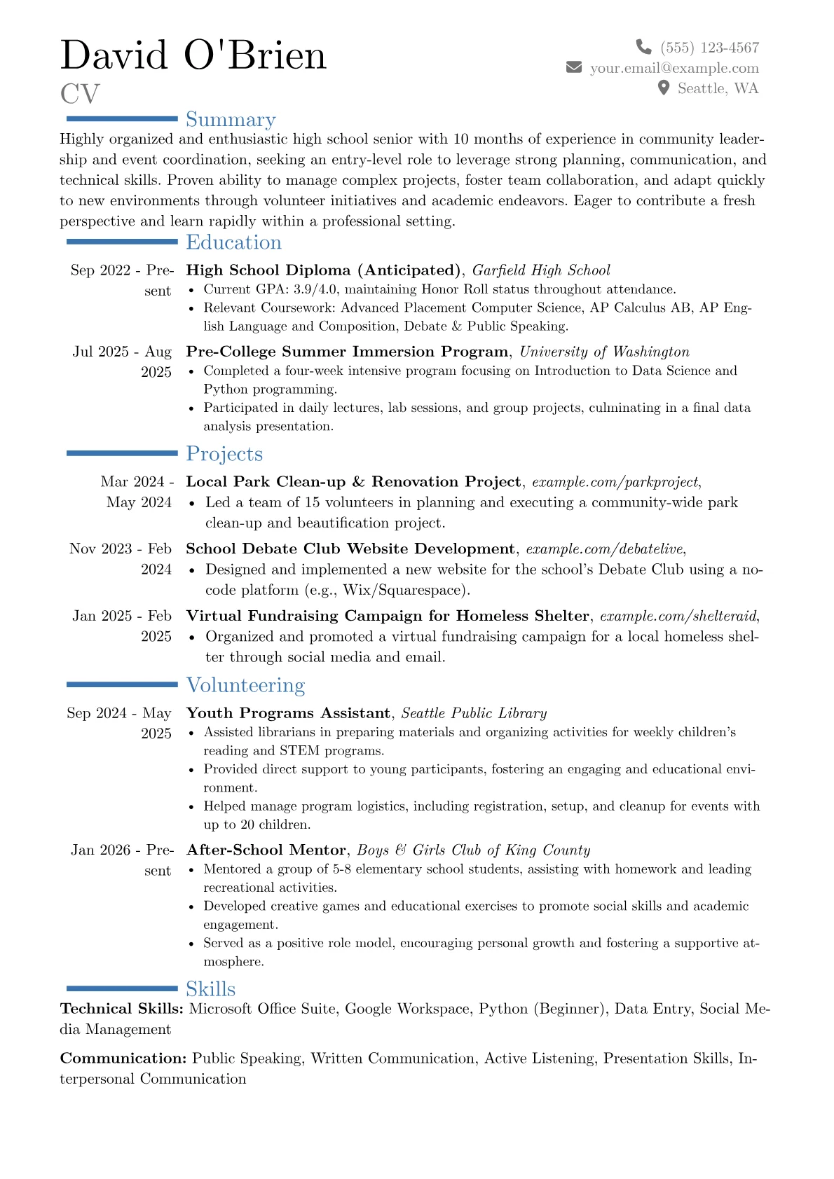 Underage Job Seeker resume example, Career changer, page 1