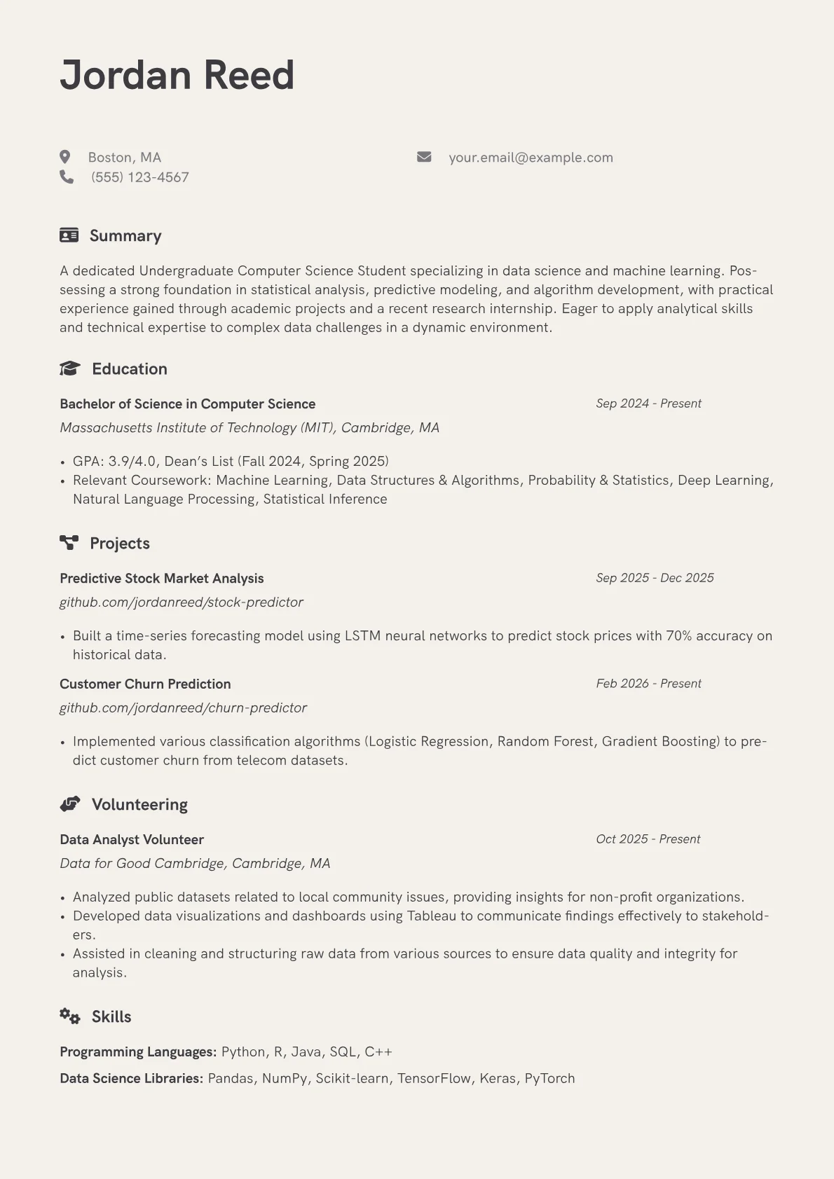 Undergraduate Computer Science Student resume example, Programming Languages, page 1