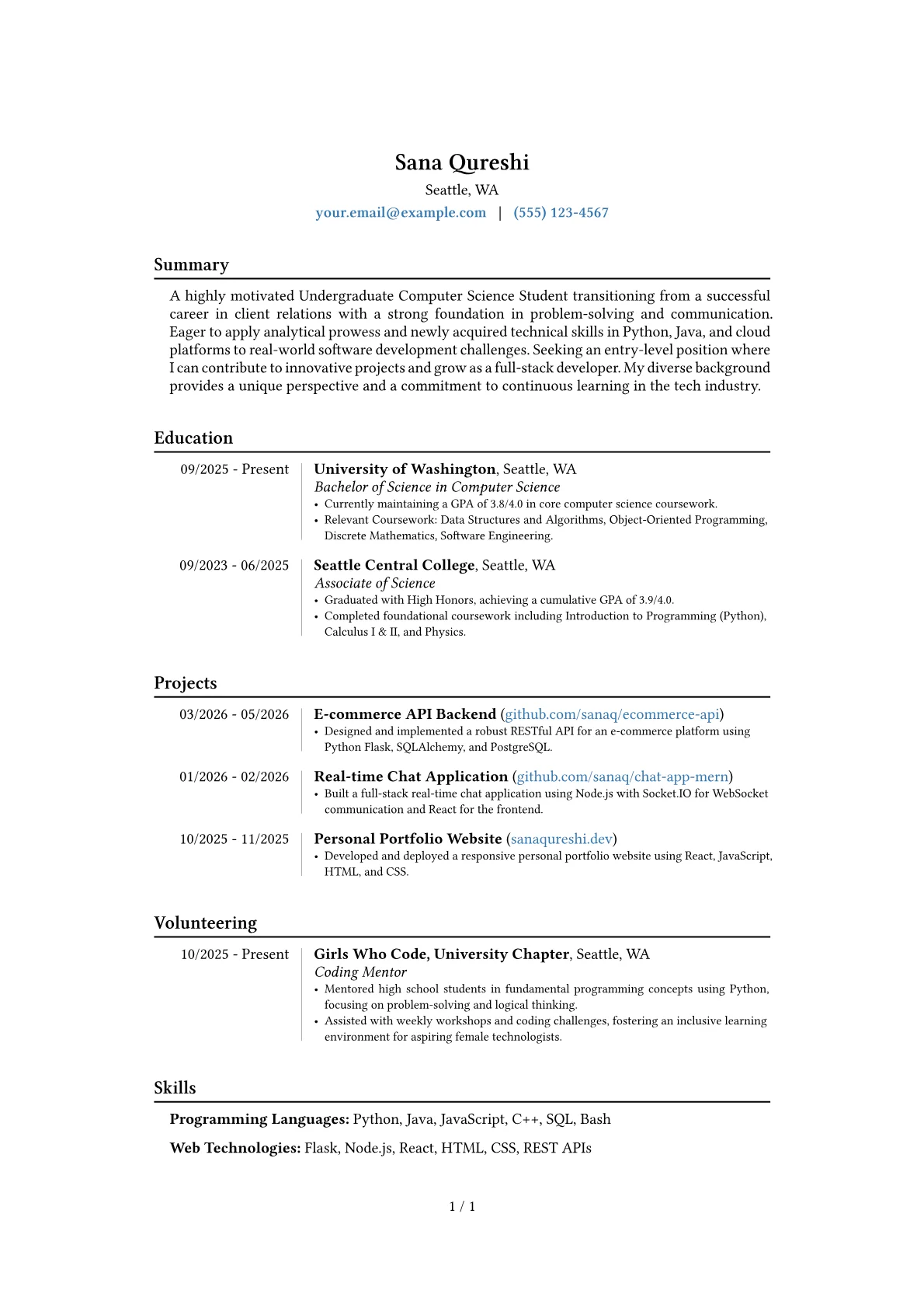 Undergraduate Computer Science Student resume example, Career changer, page 1