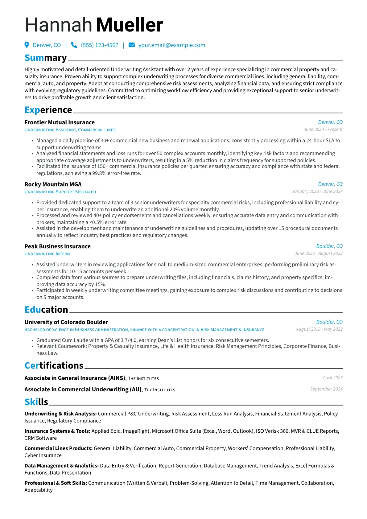 Underwriting Assistant resume example, Commercial P&C, page 1