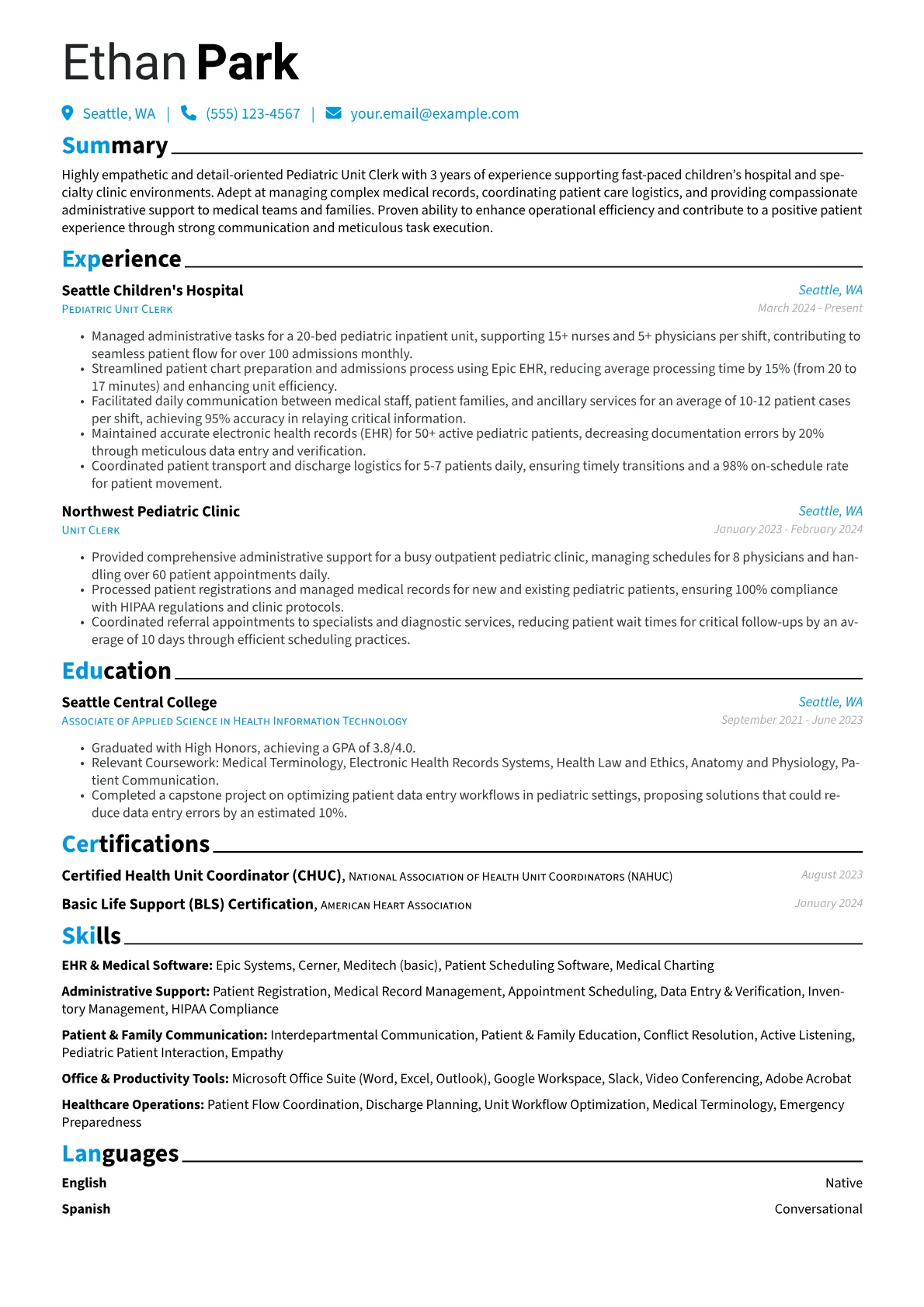 Unit Clerk resume example, Pediatric Unit Clerk, page 1