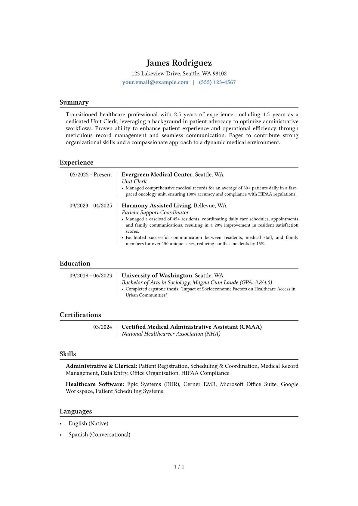 Unit Clerk resume example, Career changer, page 1