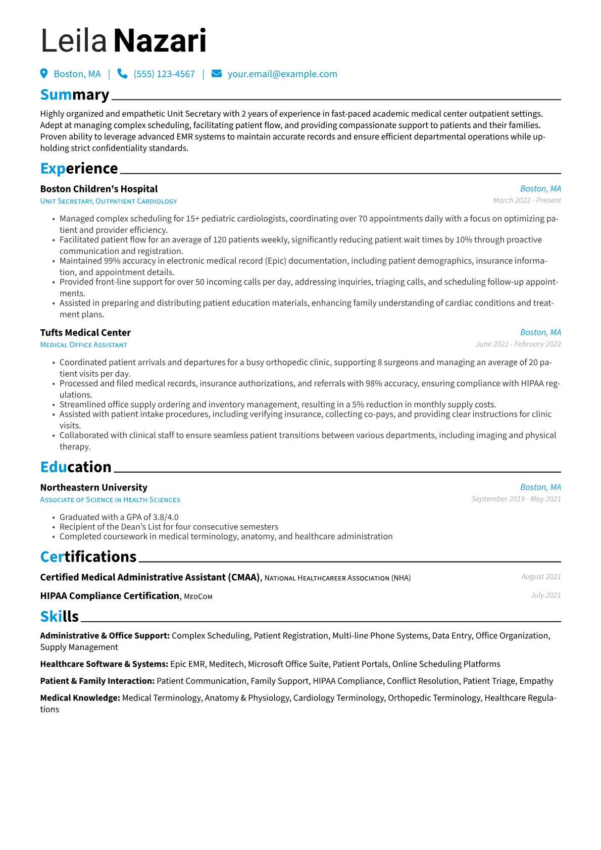 Unit Secretary resume example, Academic Outpatient, page 1