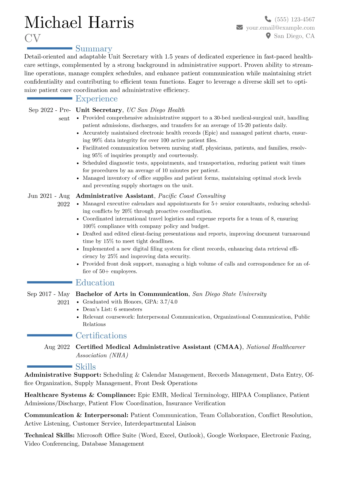Unit Secretary resume example, Career changer, page 1