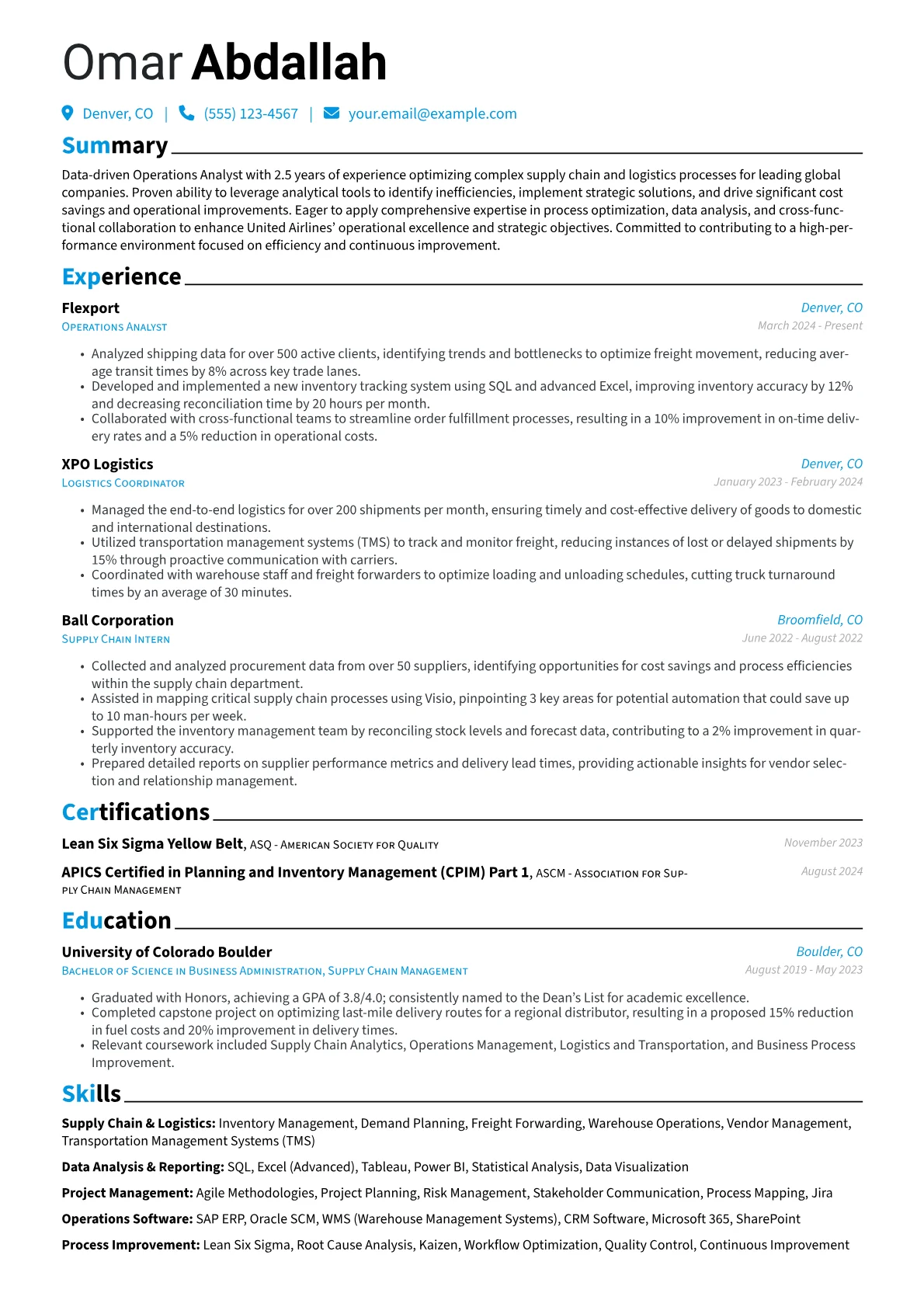 United Airlines resume example, Operations Analyst, page 1