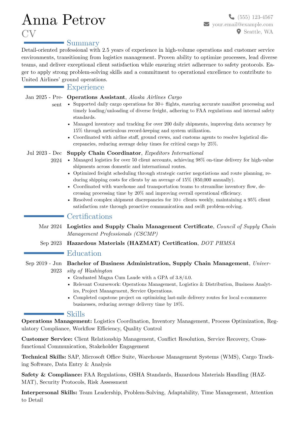 United Airlines resume example, Career changer, page 1