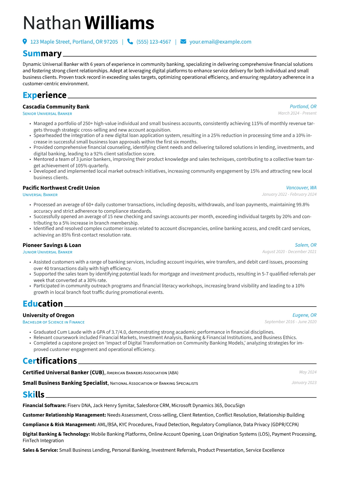 Universal Banker resume example, Community & Digital, page 1