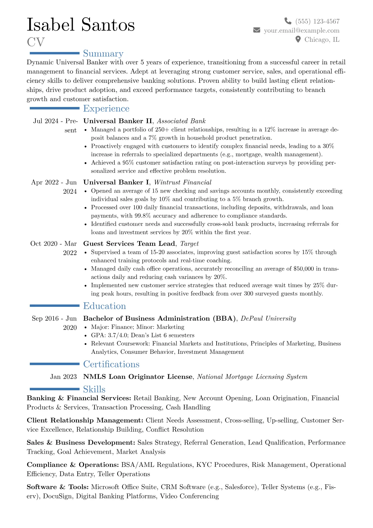 Universal Banker resume example, Career changer, page 1