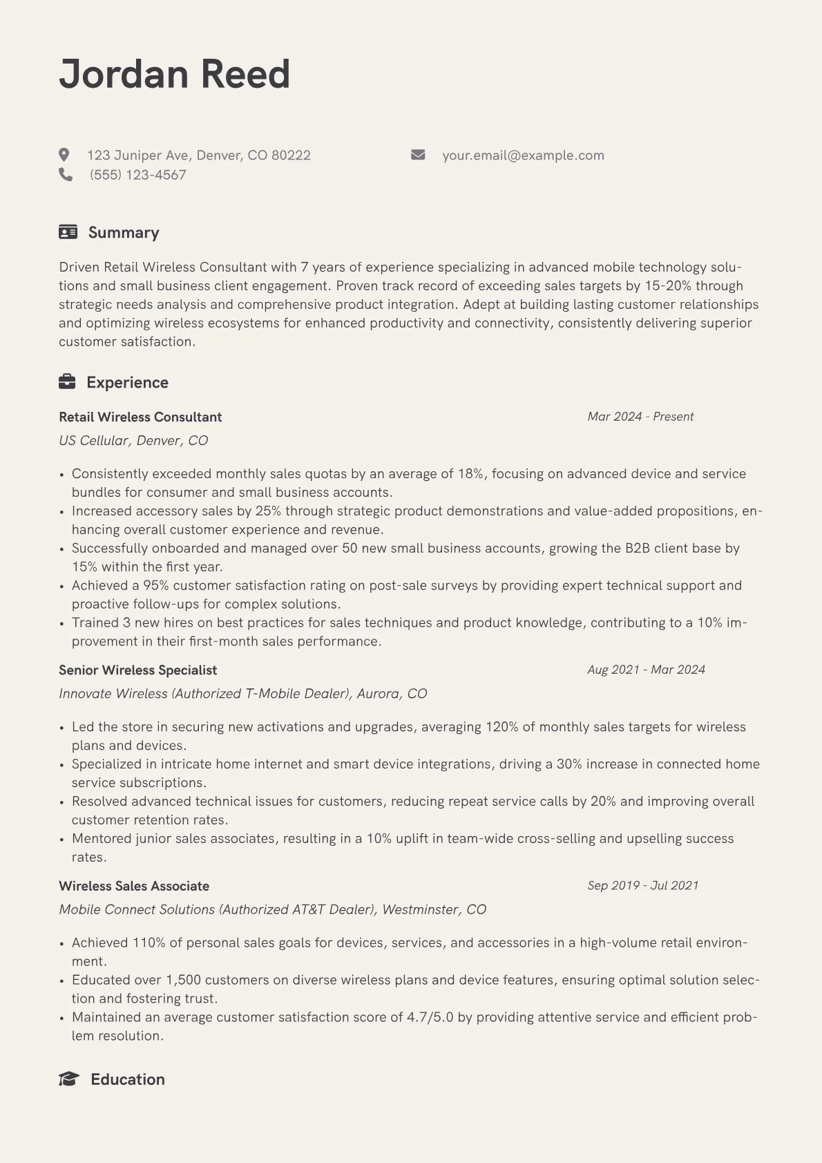 US Cellular Retail Wireless Consultant resume example, Sales & Customer Service, page 1