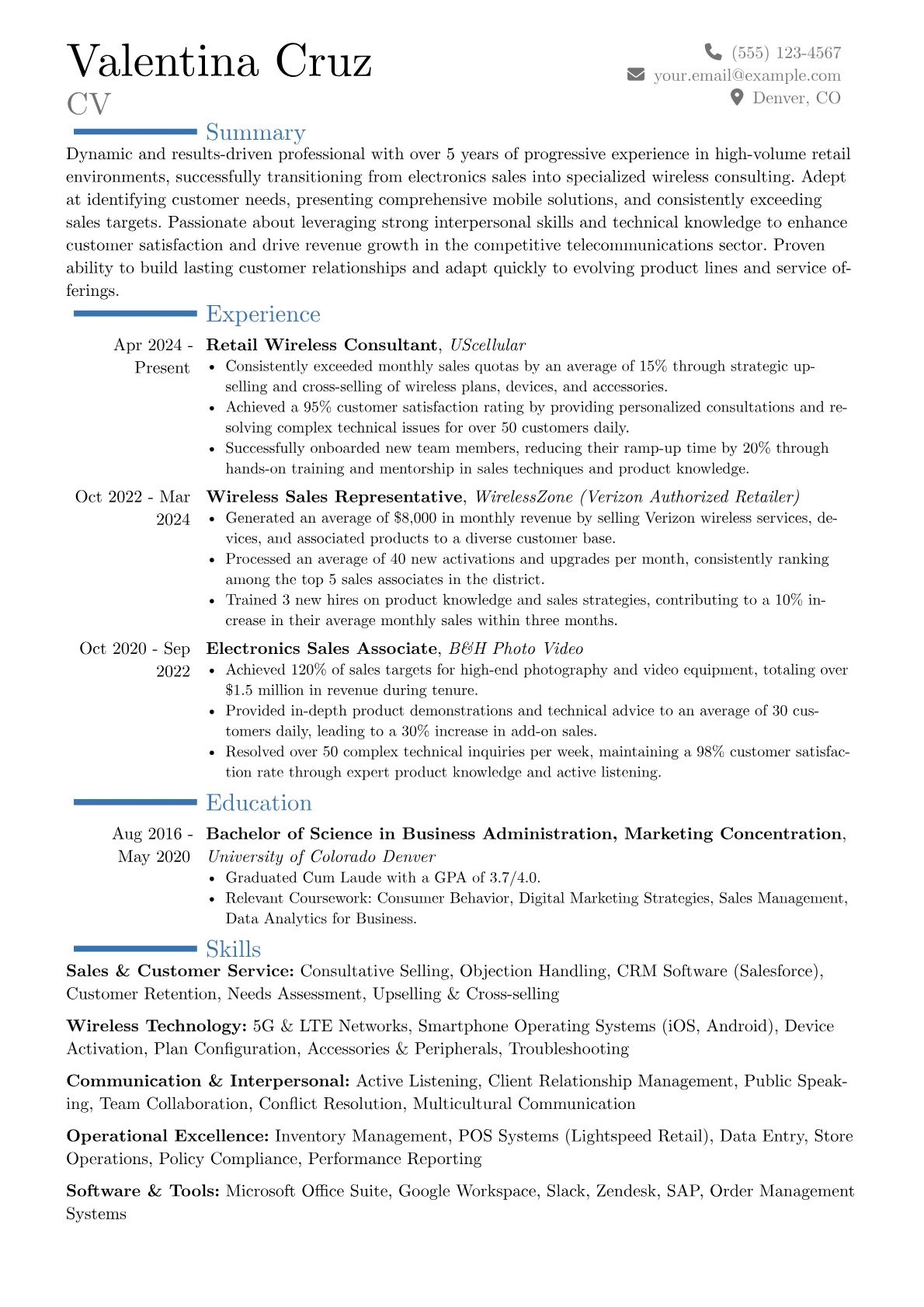 US Cellular Retail Wireless Consultant resume example, Career changer, page 1