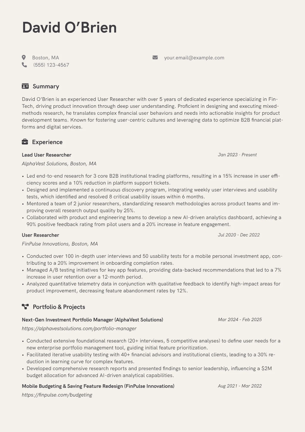 User Researcher resume example, User Researcher - FinTech, page 1
