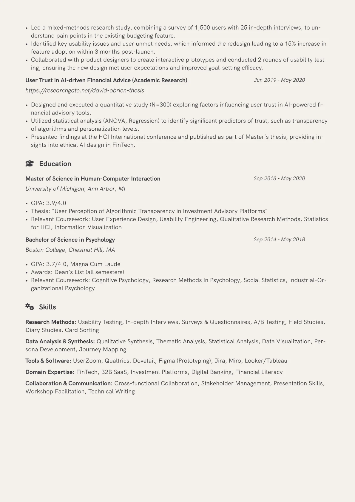 User Researcher resume example, User Researcher - FinTech, page 2
