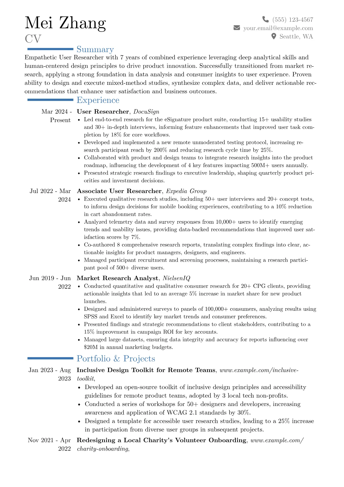 User Researcher resume example, Career changer, page 1