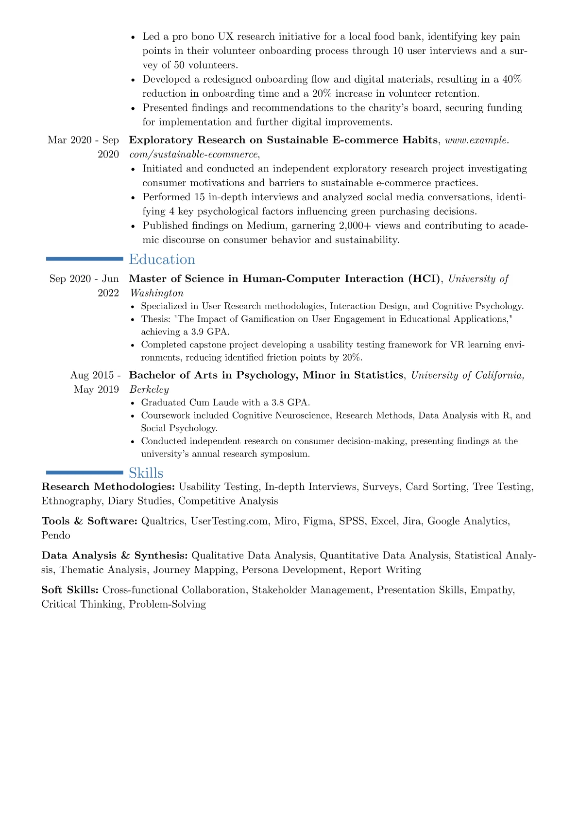 User Researcher resume example, Career changer, page 2