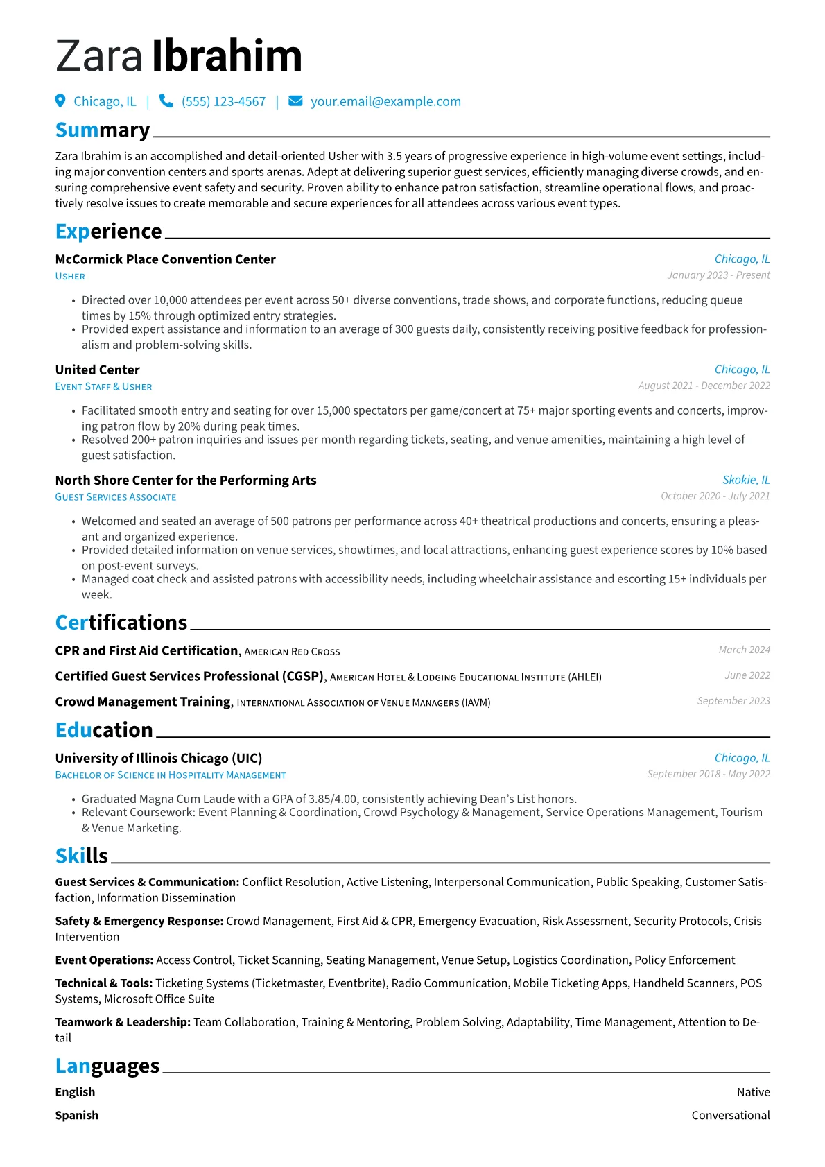 Usher resume example, Usher - Convention & Arena, page 1