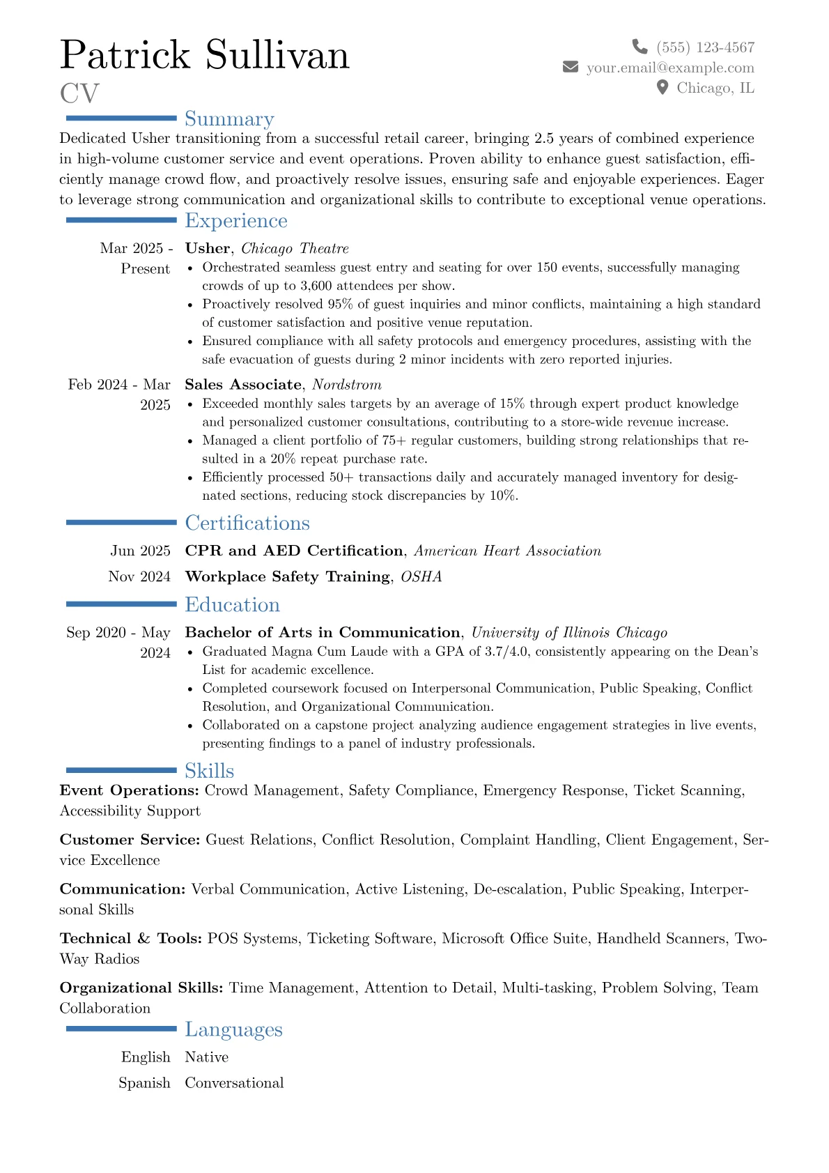 Usher resume example, Career changer, page 1