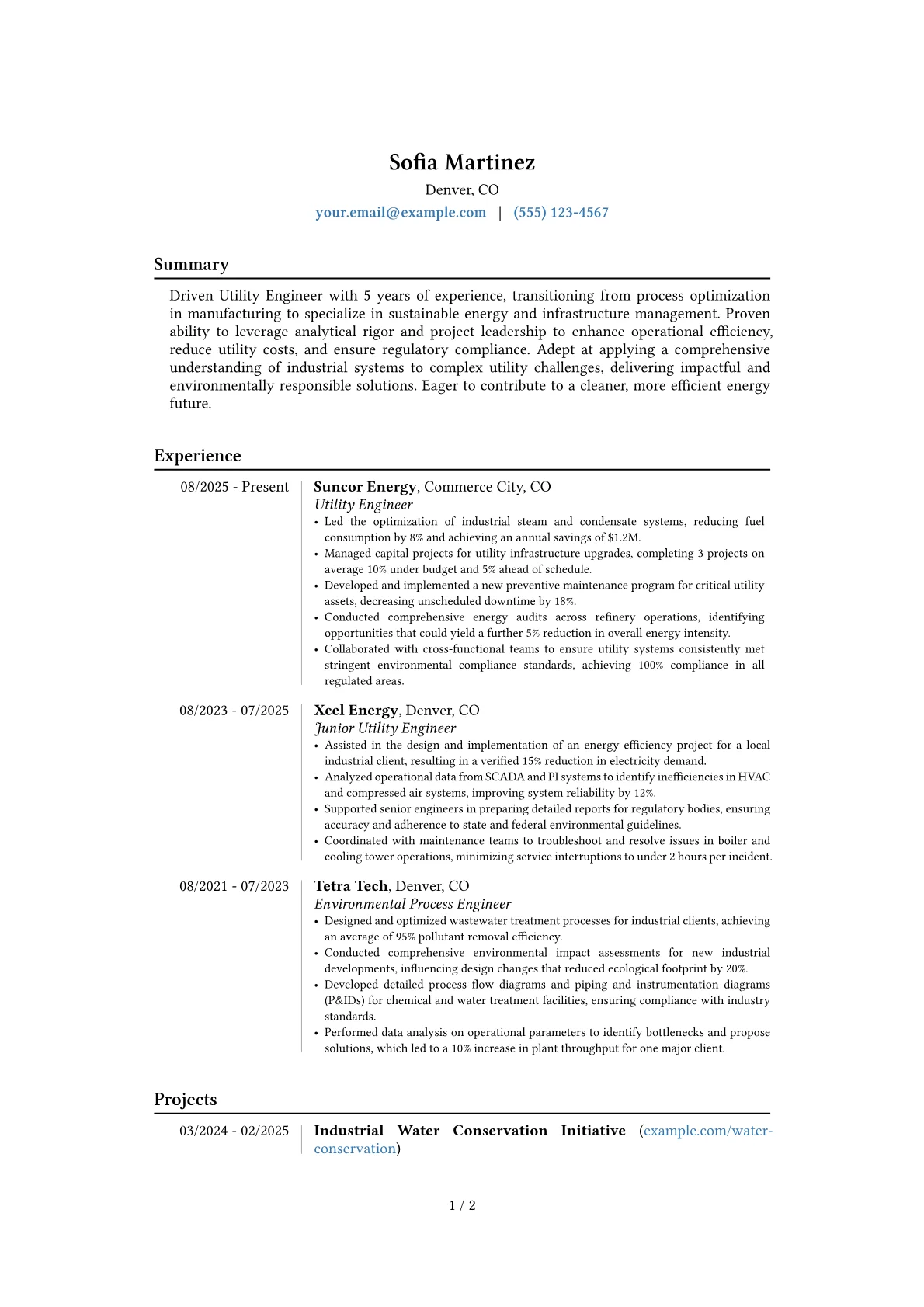 Utility Engineer resume example, Career changer, page 1