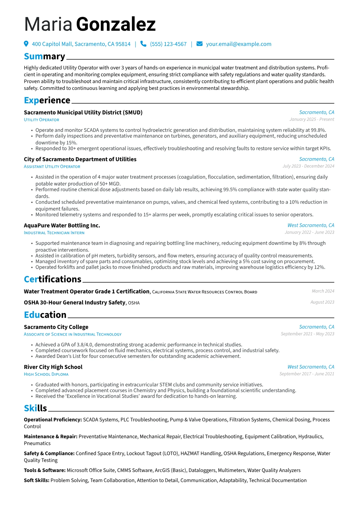Utility Operator resume example, Operational Proficiency, page 1